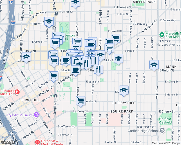 map of restaurants, bars, coffee shops, grocery stores, and more near 1325 East Madison Street in Seattle