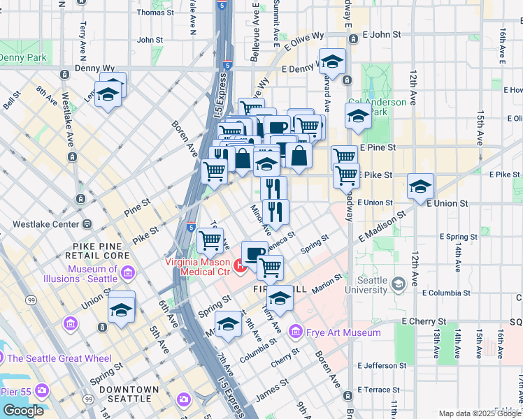 map of restaurants, bars, coffee shops, grocery stores, and more near 1310 Minor Avenue in Seattle