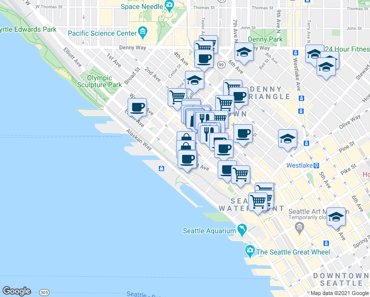 map of restaurants, bars, coffee shops, grocery stores, and more near 66 Bell Street in Seattle