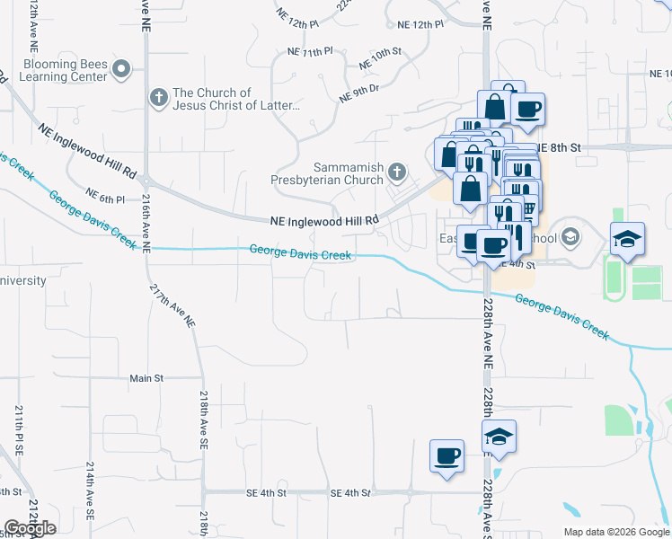 map of restaurants, bars, coffee shops, grocery stores, and more near 332 222nd Avenue Northeast in Sammamish