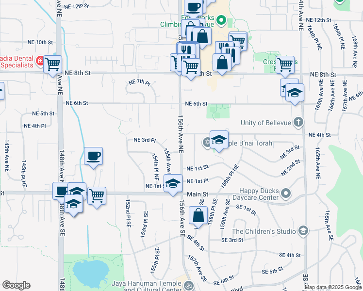 map of restaurants, bars, coffee shops, grocery stores, and more near 15436 Northeast 3rd Place in Bellevue