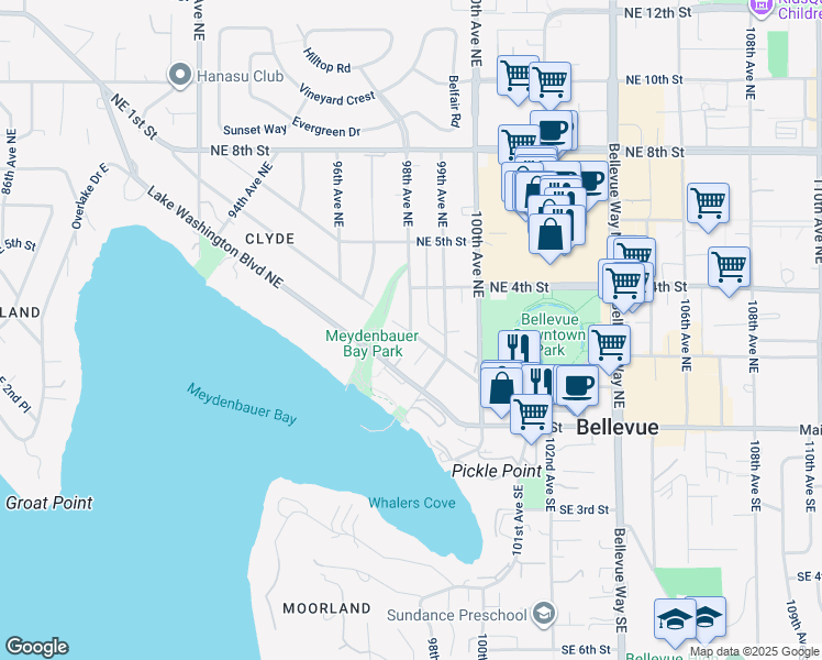 map of restaurants, bars, coffee shops, grocery stores, and more near 111 98th Avenue Northeast in Bellevue