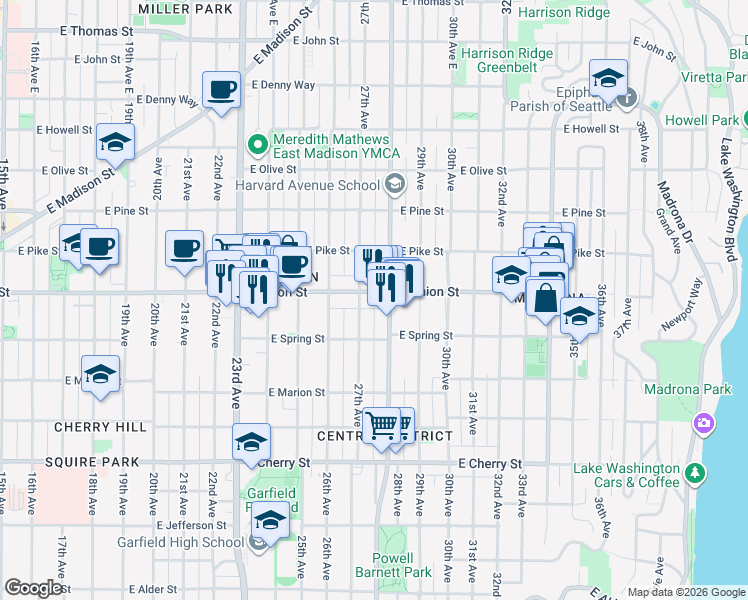 map of restaurants, bars, coffee shops, grocery stores, and more near in Seattle