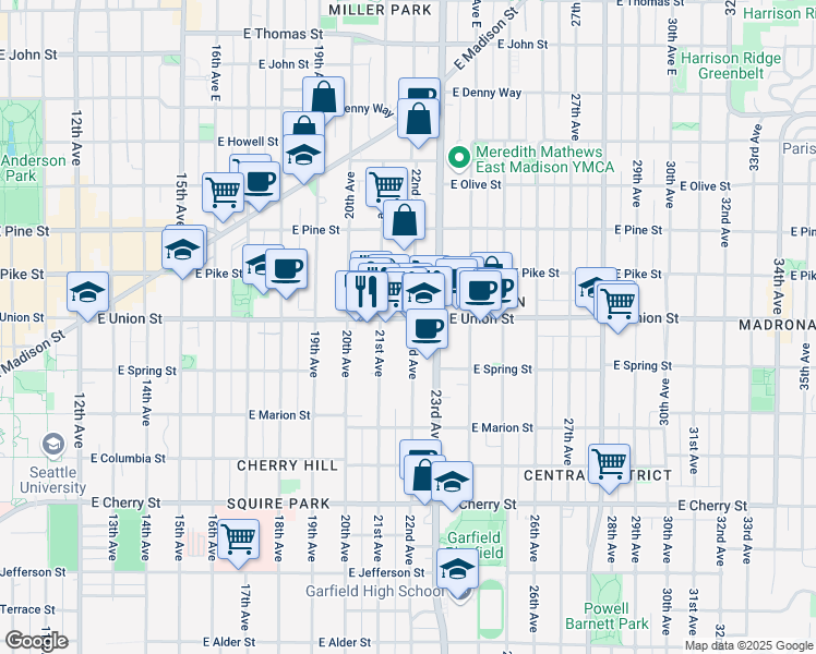 map of restaurants, bars, coffee shops, grocery stores, and more near 2101 East Union Street in Seattle