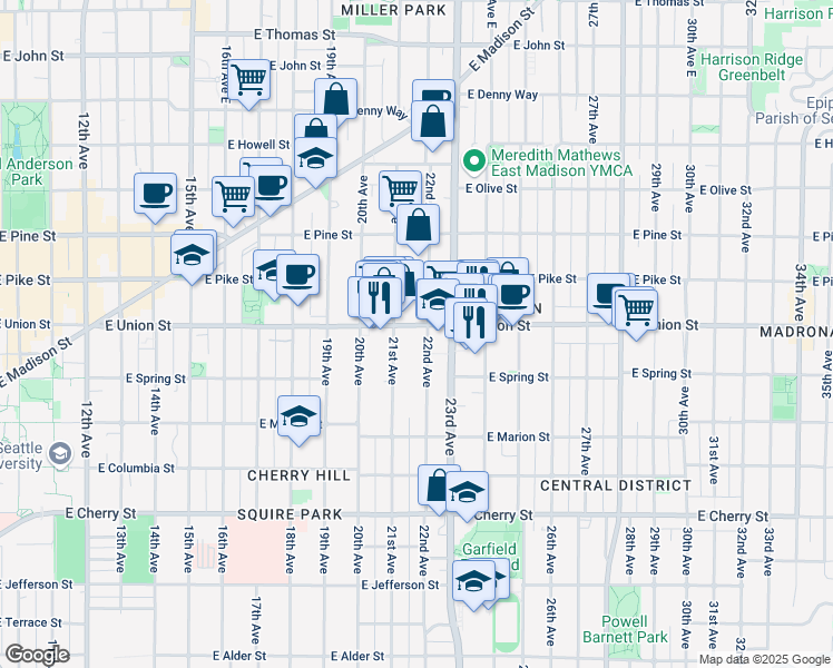 map of restaurants, bars, coffee shops, grocery stores, and more near 2101 East Union Street in Seattle
