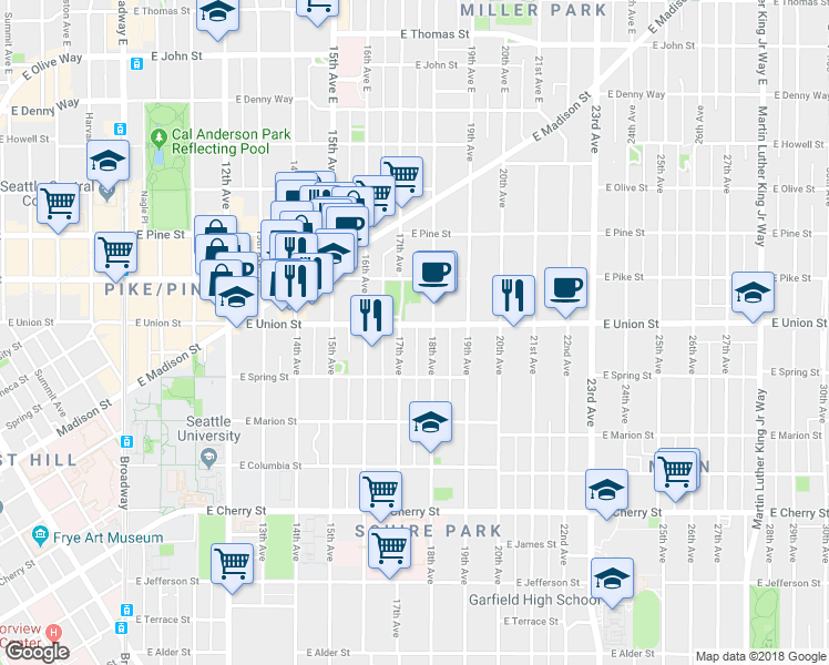 map of restaurants, bars, coffee shops, grocery stores, and more near 1705 East Union Street in Seattle