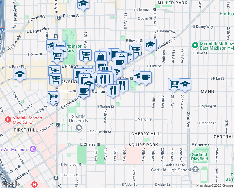 map of restaurants, bars, coffee shops, grocery stores, and more near 1422 East Union Street in Seattle