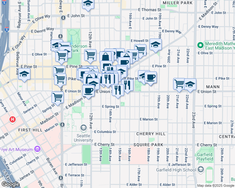 map of restaurants, bars, coffee shops, grocery stores, and more near 1422 East Union Street in Seattle