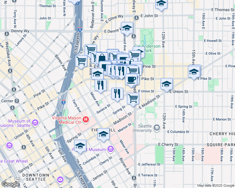 map of restaurants, bars, coffee shops, grocery stores, and more near 614 Boylston Avenue in Seattle
