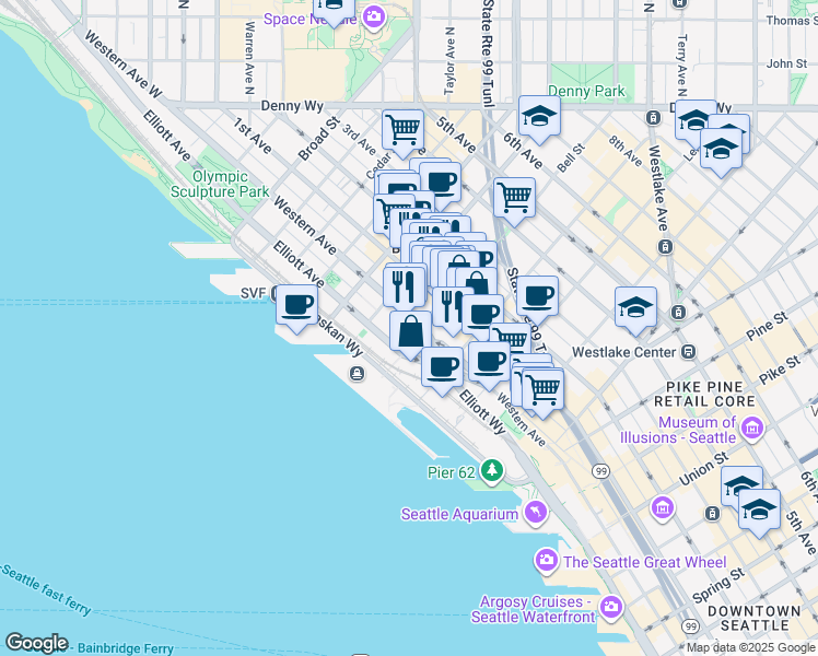map of restaurants, bars, coffee shops, grocery stores, and more near 2303 Western Avenue in Seattle