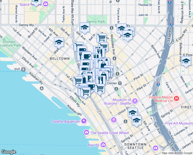 map of restaurants, bars, coffee shops, grocery stores, and more near 2018 3rd Avenue in Seattle