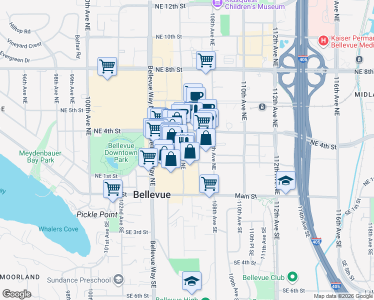 map of restaurants, bars, coffee shops, grocery stores, and more near 233 106th Avenue Northeast in Bellevue