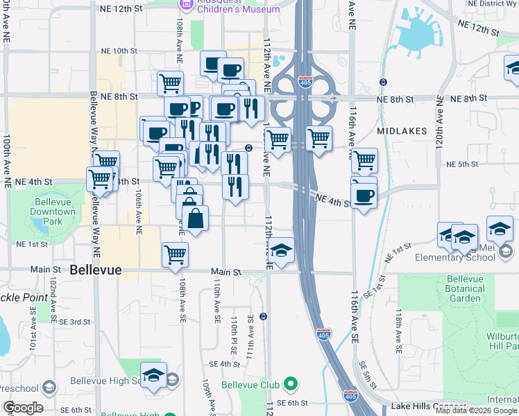 map of restaurants, bars, coffee shops, grocery stores, and more near 307 112th Avenue Northeast in Bellevue
