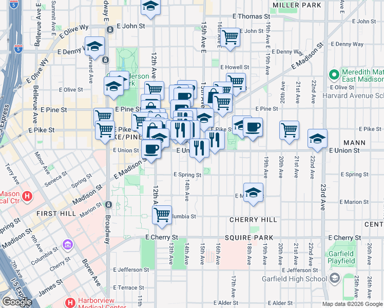 map of restaurants, bars, coffee shops, grocery stores, and more near 1401 East Union Street in Seattle