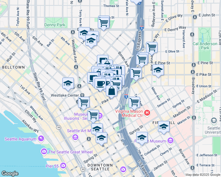 map of restaurants, bars, coffee shops, grocery stores, and more near 1500 8th Avenue in Seattle