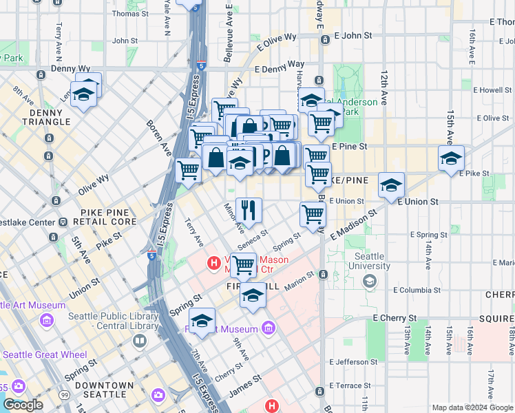 map of restaurants, bars, coffee shops, grocery stores, and more near 508 East Union Street in Seattle