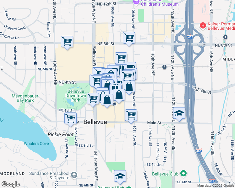 map of restaurants, bars, coffee shops, grocery stores, and more near 233 106th Avenue Northeast in Bellevue
