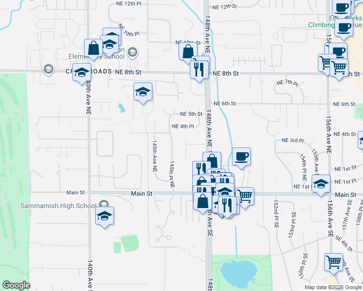 map of restaurants, bars, coffee shops, grocery stores, and more near 293 146th Place Northeast in Bellevue