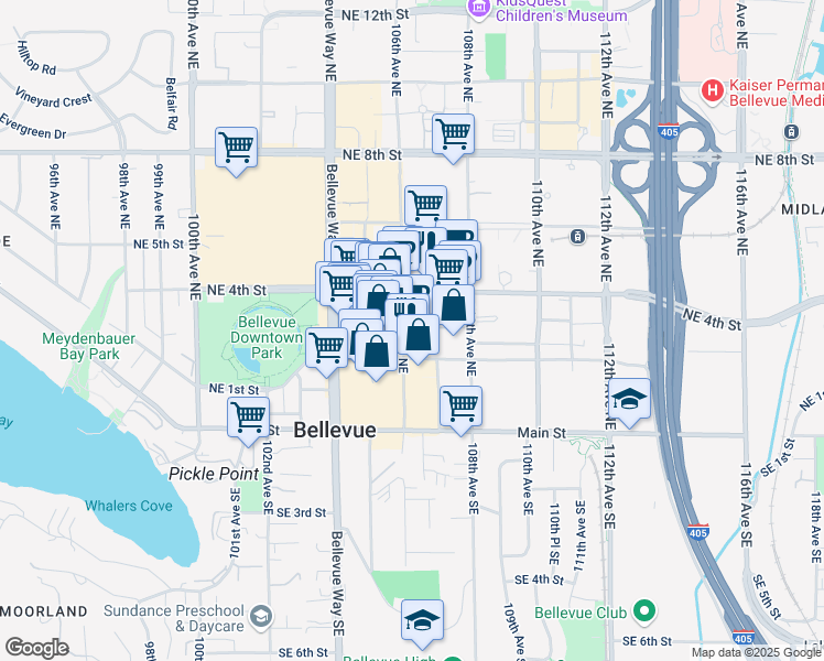 map of restaurants, bars, coffee shops, grocery stores, and more near 288 106th Avenue Northeast in Bellevue