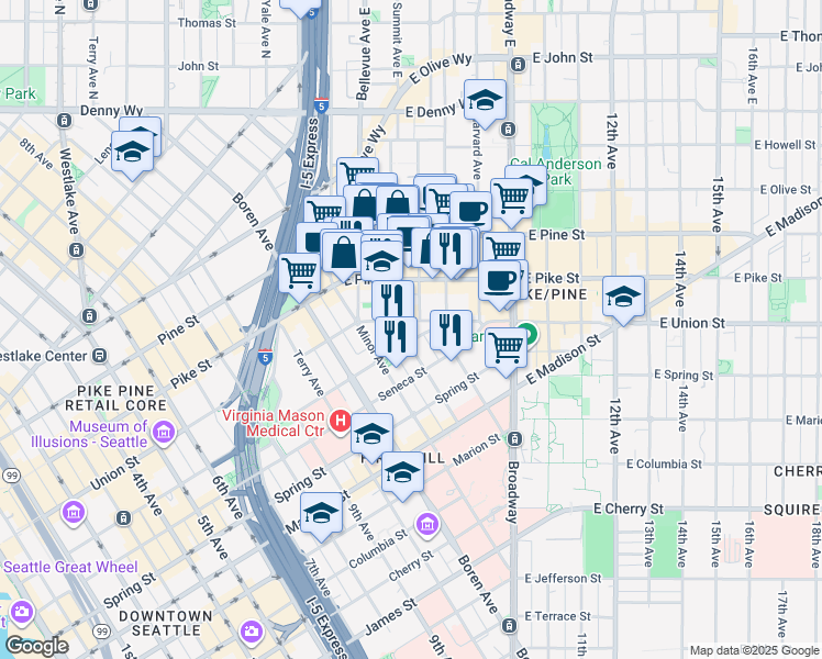 map of restaurants, bars, coffee shops, grocery stores, and more near 508 East Union Street in Seattle