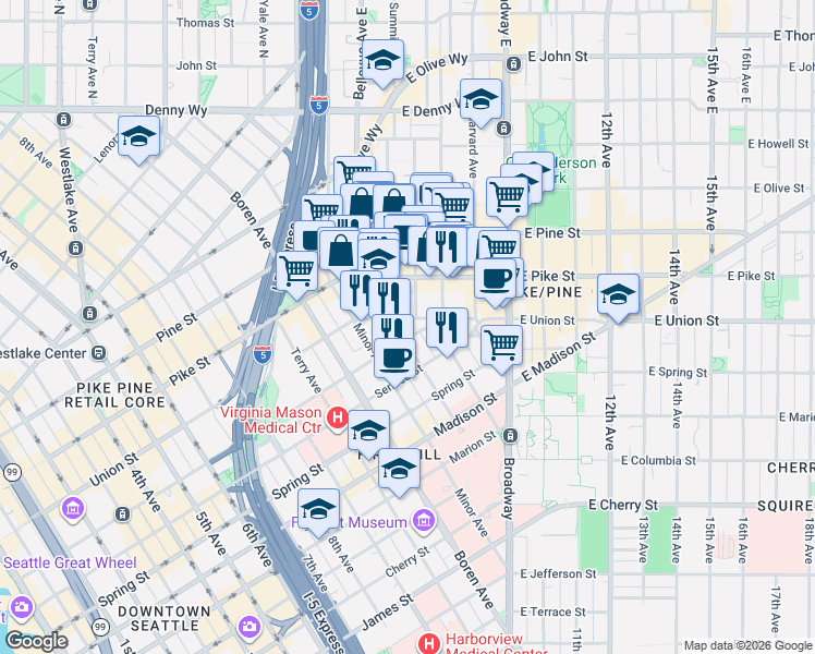 map of restaurants, bars, coffee shops, grocery stores, and more near 1300 University Street in Seattle
