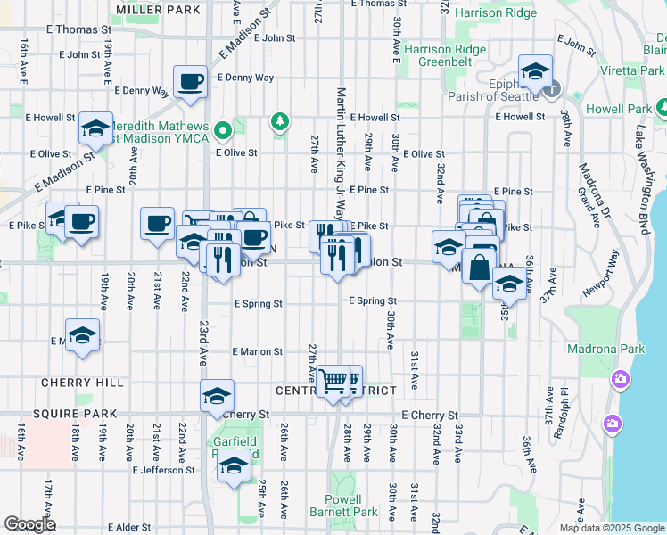 map of restaurants, bars, coffee shops, grocery stores, and more near 1401 Martin Luther King Junior Way in Seattle