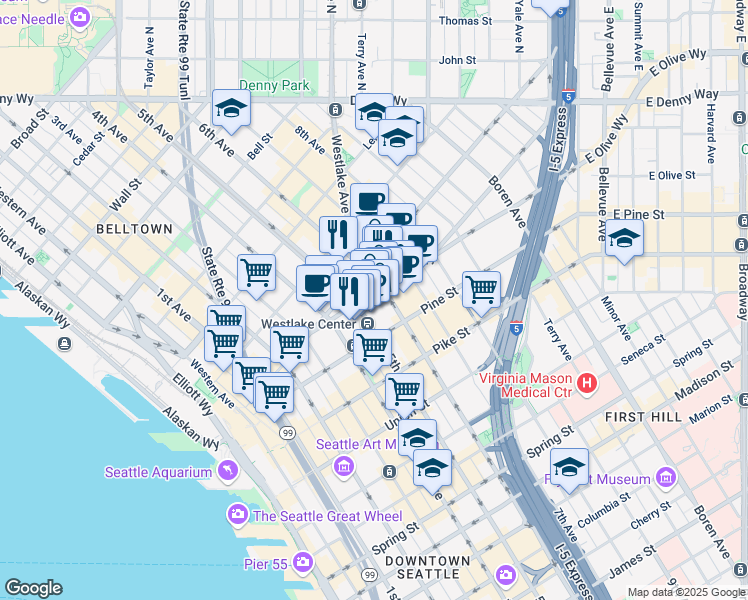 map of restaurants, bars, coffee shops, grocery stores, and more near 509 Olive Way in Seattle