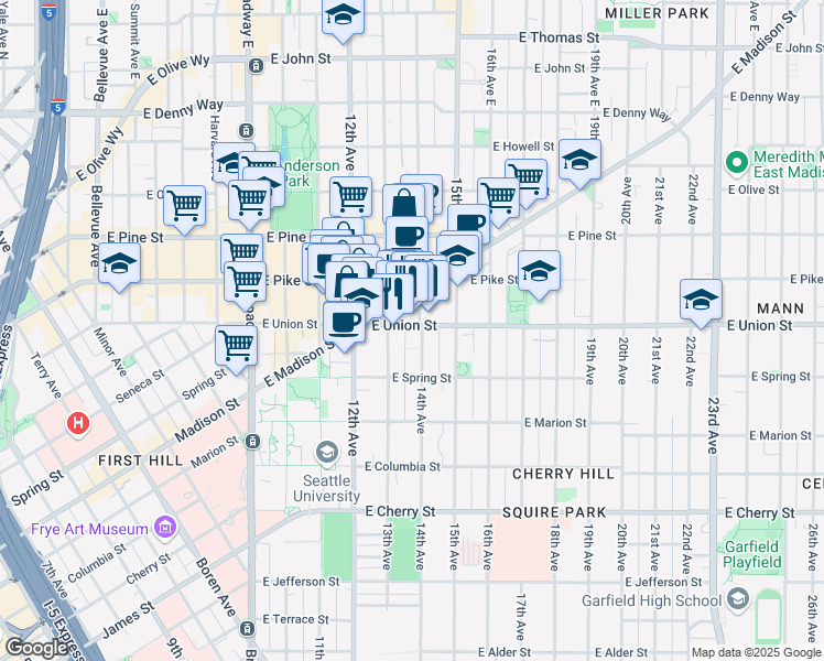 map of restaurants, bars, coffee shops, grocery stores, and more near 1321 East Union Street in Seattle
