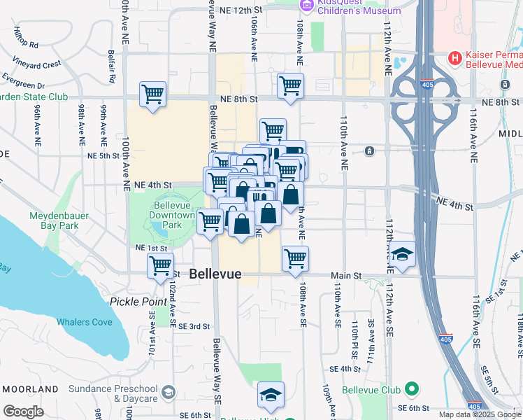 map of restaurants, bars, coffee shops, grocery stores, and more near 288 106th Avenue Northeast in Bellevue