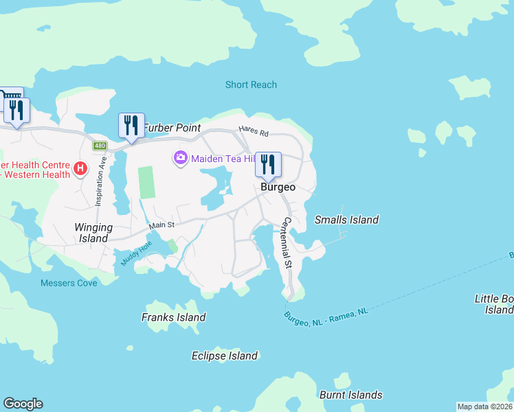 map of restaurants, bars, coffee shops, grocery stores, and more near 2 Church Road in Burgeo