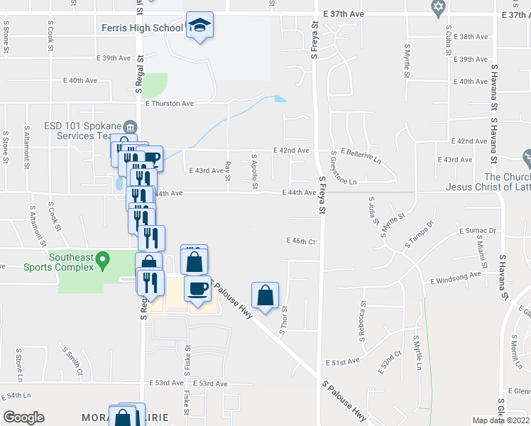 map of restaurants, bars, coffee shops, grocery stores, and more near 3304 East 44th Avenue in Spokane