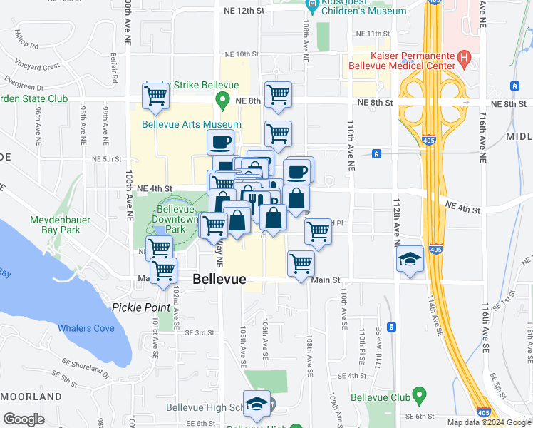 map of restaurants, bars, coffee shops, grocery stores, and more near 233 106th Avenue Northeast in Bellevue