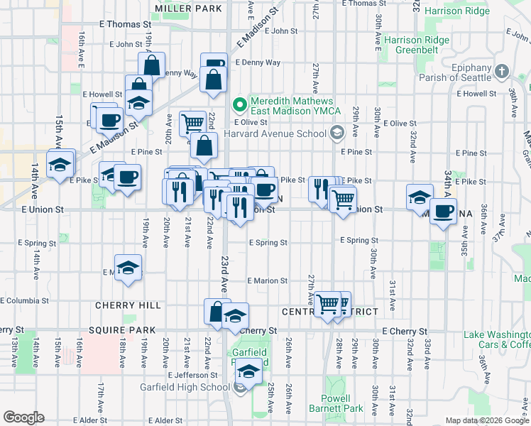 map of restaurants, bars, coffee shops, grocery stores, and more near 2407 East Union Street in Seattle