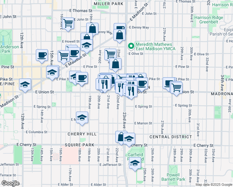 map of restaurants, bars, coffee shops, grocery stores, and more near 2101 East Union Street in Seattle