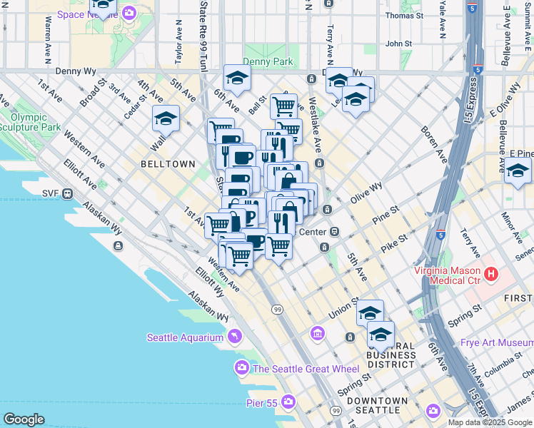 map of restaurants, bars, coffee shops, grocery stores, and more near 2018 3rd Avenue in Seattle