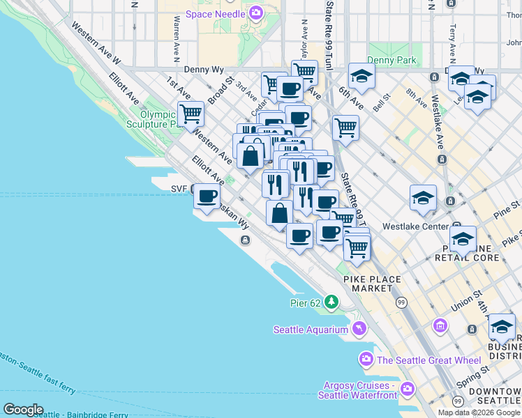 map of restaurants, bars, coffee shops, grocery stores, and more near 2334 Elliott Avenue in Seattle