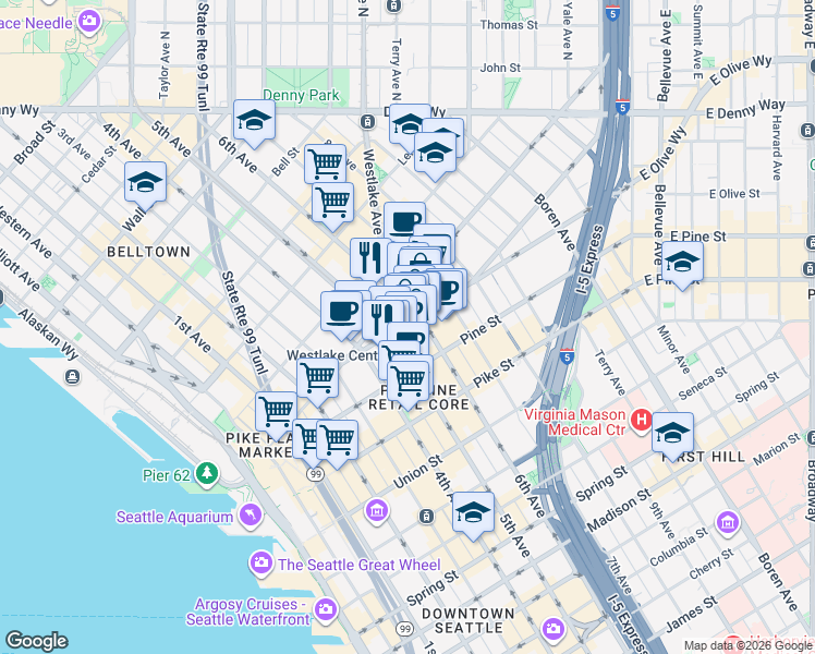 map of restaurants, bars, coffee shops, grocery stores, and more near 509 Olive Way in Seattle