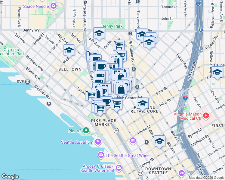 map of restaurants, bars, coffee shops, grocery stores, and more near 2018 3rd Avenue in Seattle