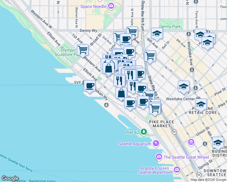 map of restaurants, bars, coffee shops, grocery stores, and more near 2334 Elliott Avenue in Seattle