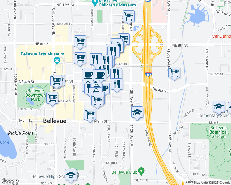 map of restaurants, bars, coffee shops, grocery stores, and more near 200 110th Avenue Northeast in Bellevue