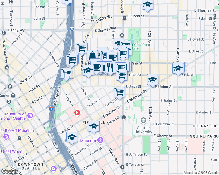 map of restaurants, bars, coffee shops, grocery stores, and more near 711 East Union Street in Seattle