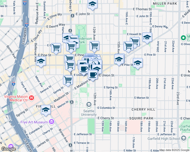 map of restaurants, bars, coffee shops, grocery stores, and more near E Madison St & 12th Ave in Seattle