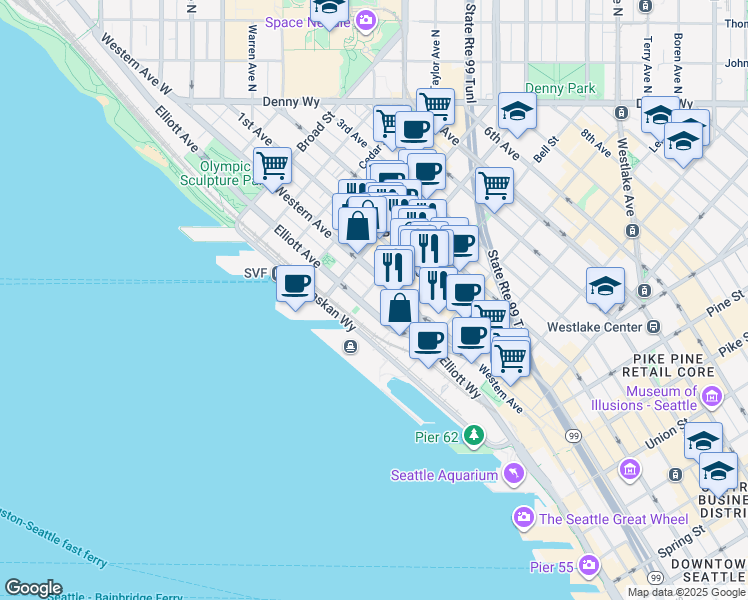 map of restaurants, bars, coffee shops, grocery stores, and more near 2334 Elliott Avenue in Seattle