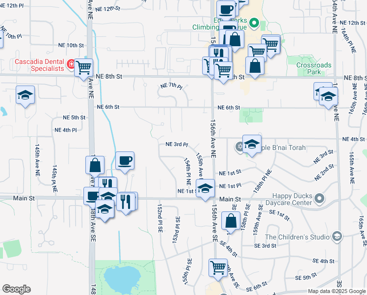 map of restaurants, bars, coffee shops, grocery stores, and more near 15412 Northeast 3rd Place in Bellevue