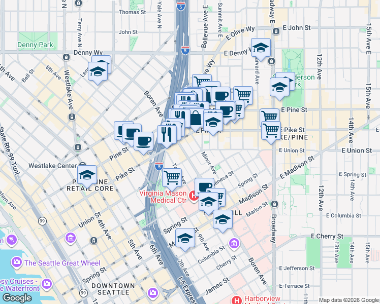 map of restaurants, bars, coffee shops, grocery stores, and more near 1400 Boren Avenue in Seattle