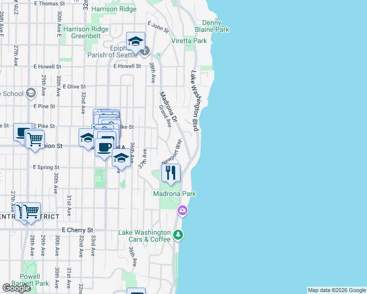map of restaurants, bars, coffee shops, grocery stores, and more near 1429 Madrona Drive in Seattle
