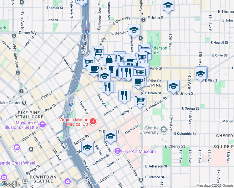 map of restaurants, bars, coffee shops, grocery stores, and more near 1320 University Street in Seattle