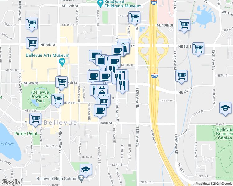 map of restaurants, bars, coffee shops, grocery stores, and more near 355 110th Avenue Northeast in Bellevue