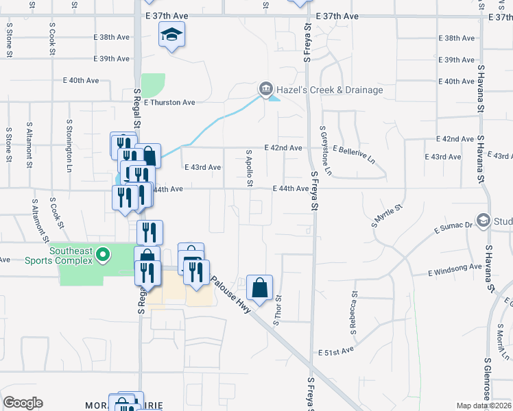 map of restaurants, bars, coffee shops, grocery stores, and more near 3304 East 44th Avenue in Spokane