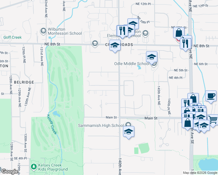 map of restaurants, bars, coffee shops, grocery stores, and more near 239 Glenridge Lane in Bellevue